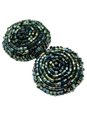 Iridescent Blue Beaded Clip-On Earrings Vintage 1960s-70s Statement Jewelry